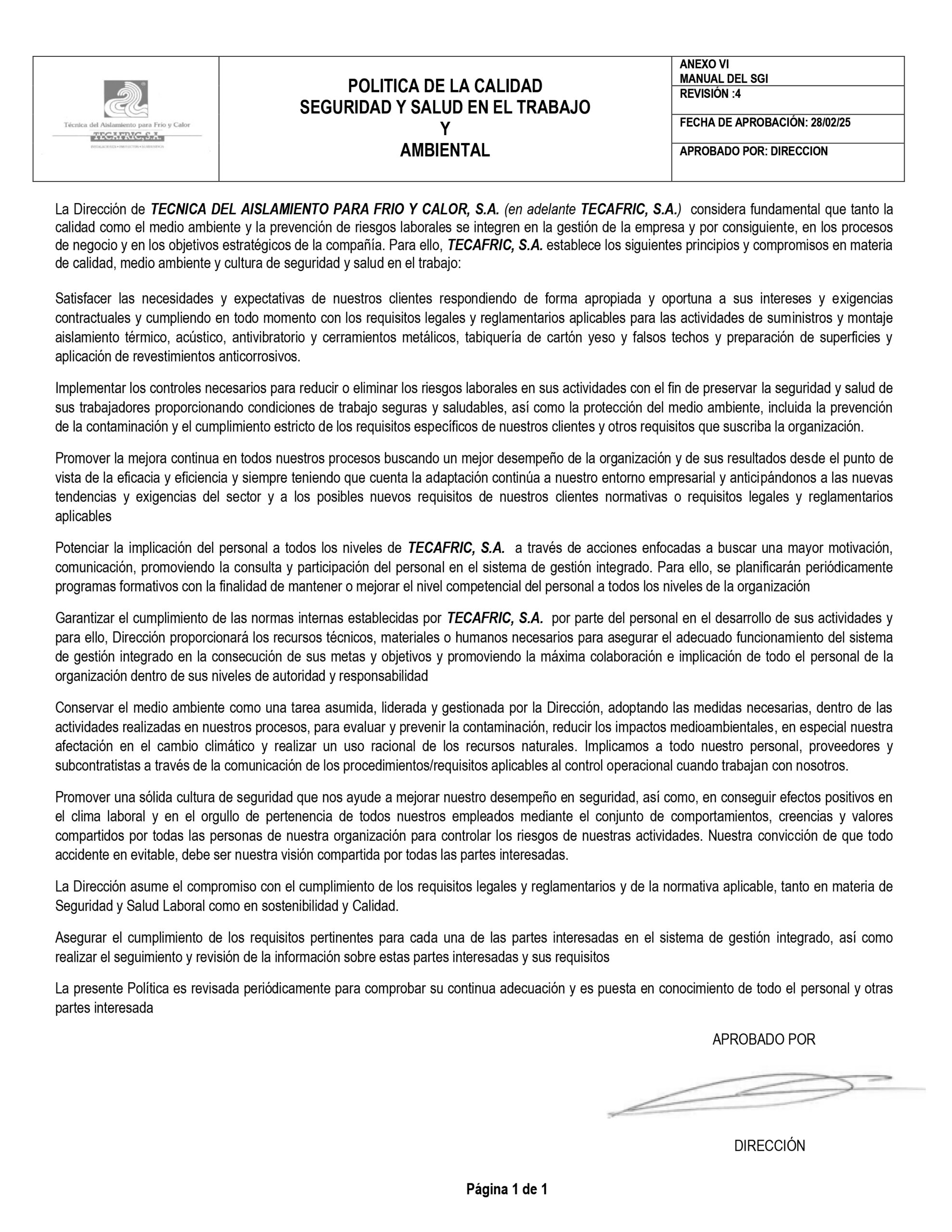 Polçitica de Calidad, seguridad y salud en el trabajo